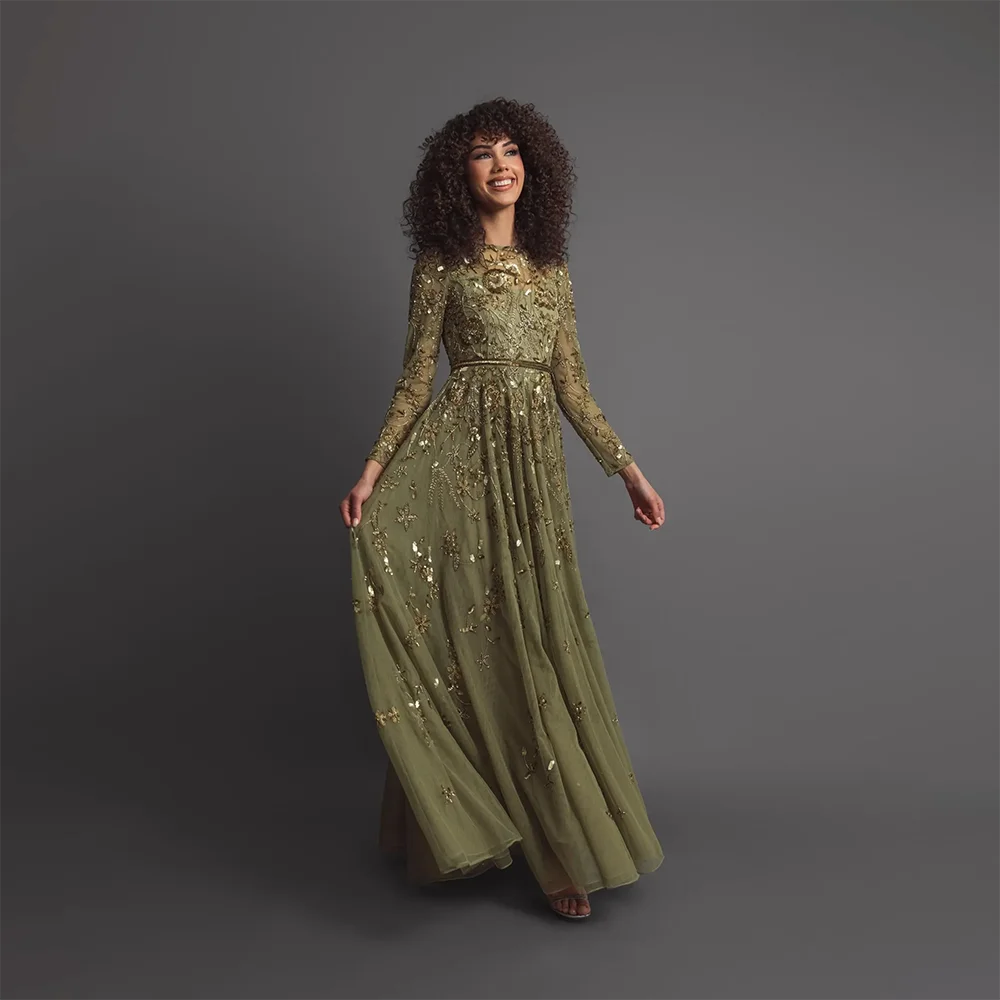 Floral Print Tulle A-Line Evening Gown | O-Neck Full Sleeve Formal Prom Dress