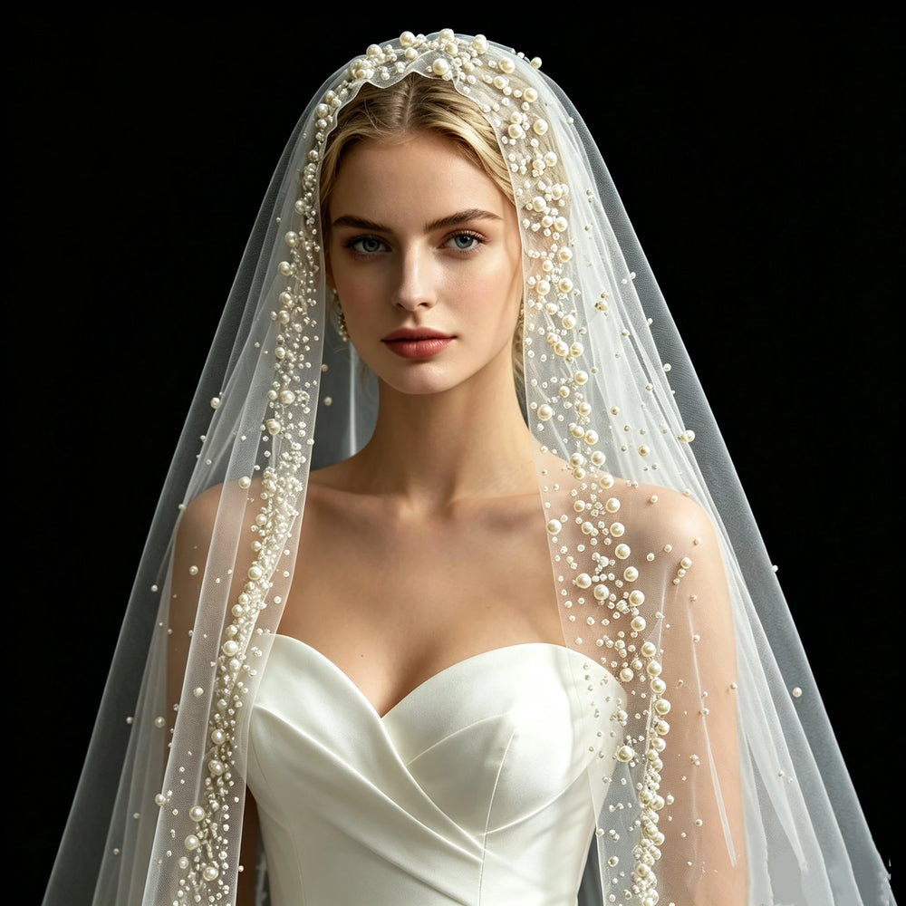 Pearl-Beaded Cathedral Bridal Veil | Single Tier with Comb | Braviixx
