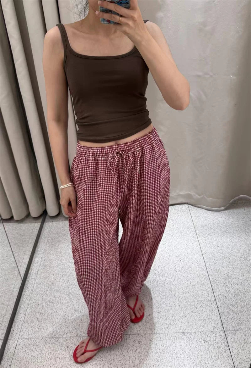 Women's Long Pants 2026 Summer New Style Red Plaid Drawstring Lantern Pants Long Pants Beach Vacation Casual Fashion