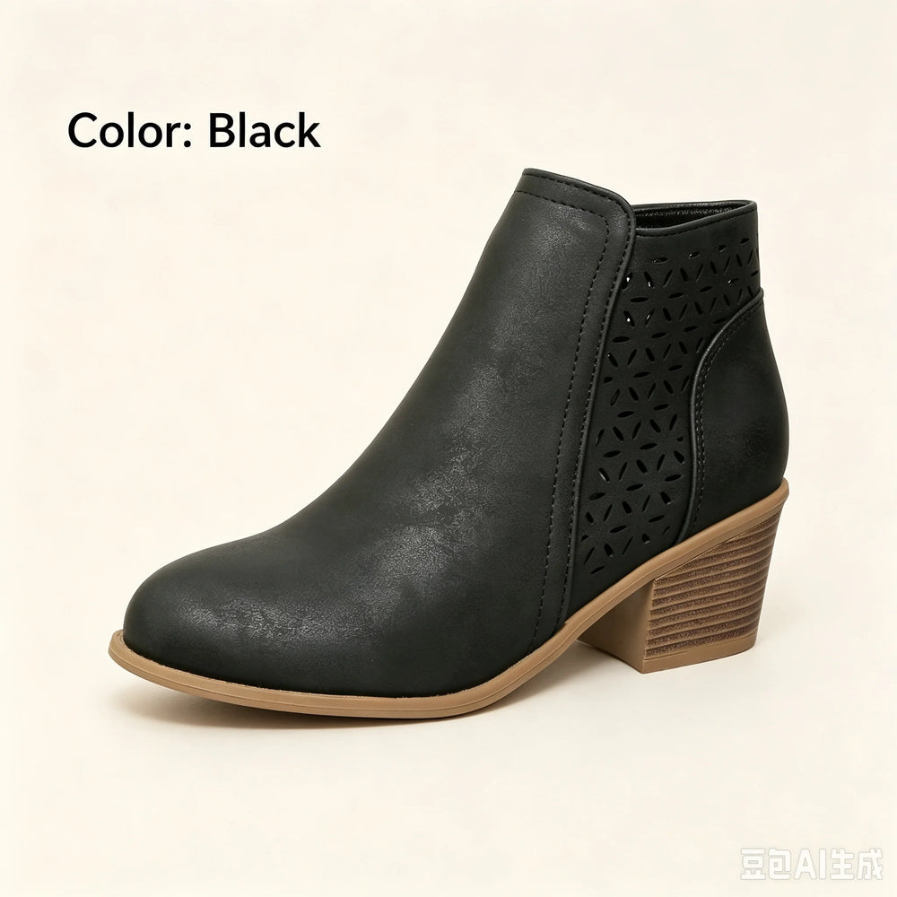 Cut-Out Ankle Boots | Side Zip & Block Heel | Braviixx