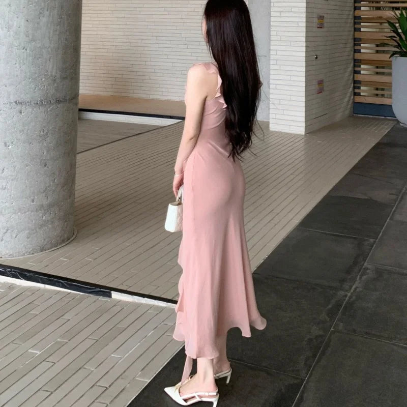 Women Slip Long Dress Lady Pink Lace Panel Slim Fit Ruffled Mermaid Dress Female Summer Alluring Bodycon Maxi Vacation Dress