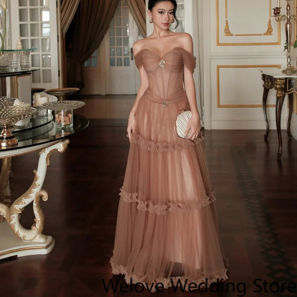 Off-the-Shoulder Sheer Corset Tulle Gown | Tiered Ruffle Skirt Formal Evening Dress