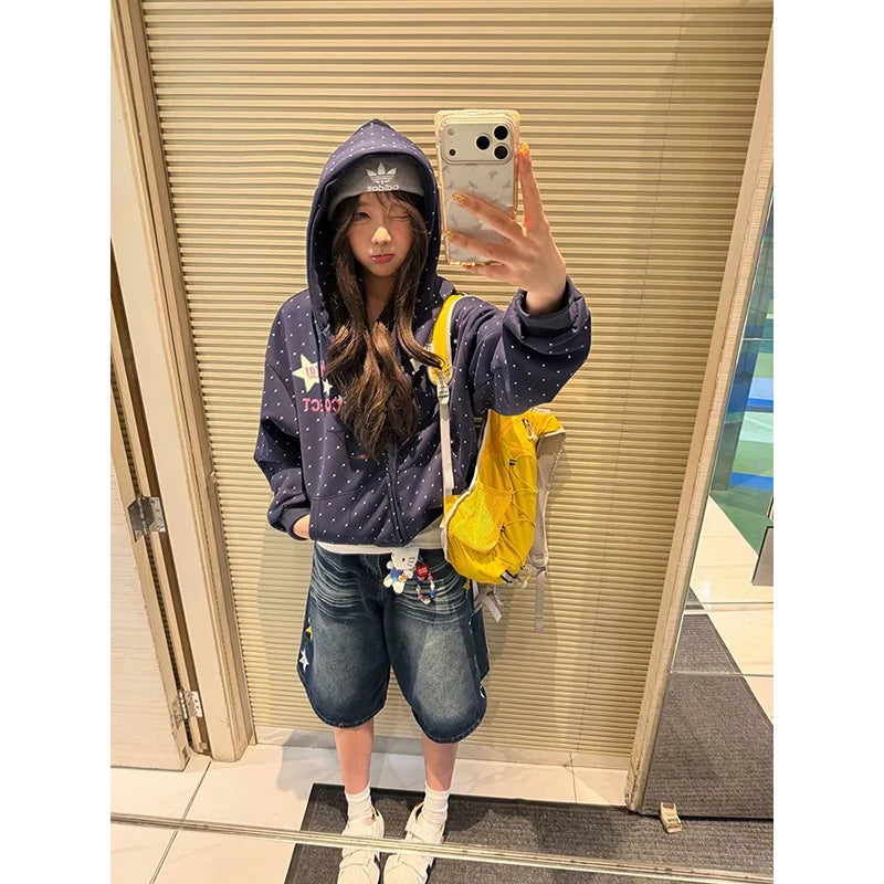 YIBASHU 2026 Summer Women American Retro Jorts Punk Denim Shorts Y2K 2000s Japanese Harajuku Blue Star Cargo Jeans Pants