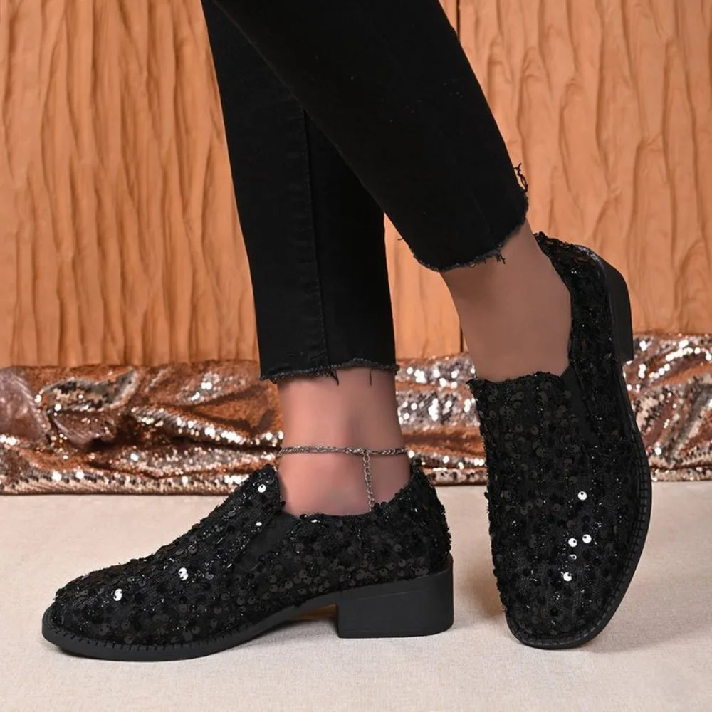 Women's Black Sequin Loafers | Slip-On & Block Heel | Braviixx