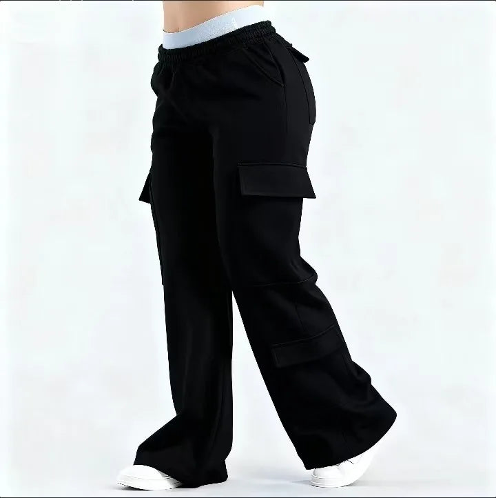 2026 Women‘s Wide Leg Cargo Pants Elastic Waistband with Large Pockets Casual Fitness Sportswear Y2k Long Pants