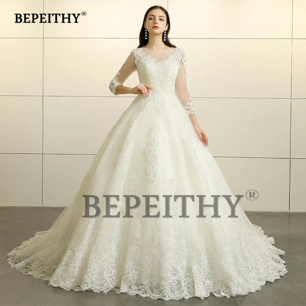 Lace Wedding Ball Gown | Three-Quarter Illusion Sleeves | Braviixx