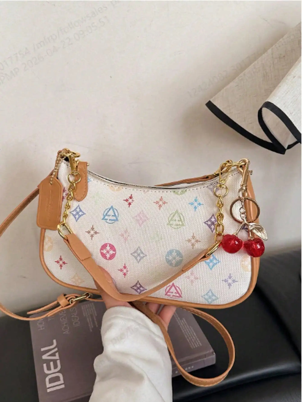 Printed Crescent Shoulder Bag | Cherry Charm & Chain Strap | Braviixx