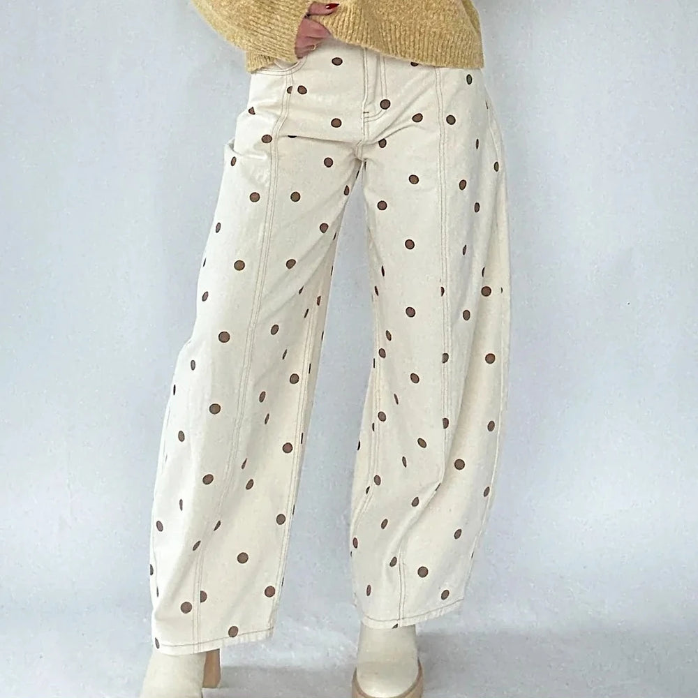 Fashion Women Barrel Jeans Dot Print Loose Denim Pants Spring Casual Baggy Trousers Fashion Wide-Leg Pants