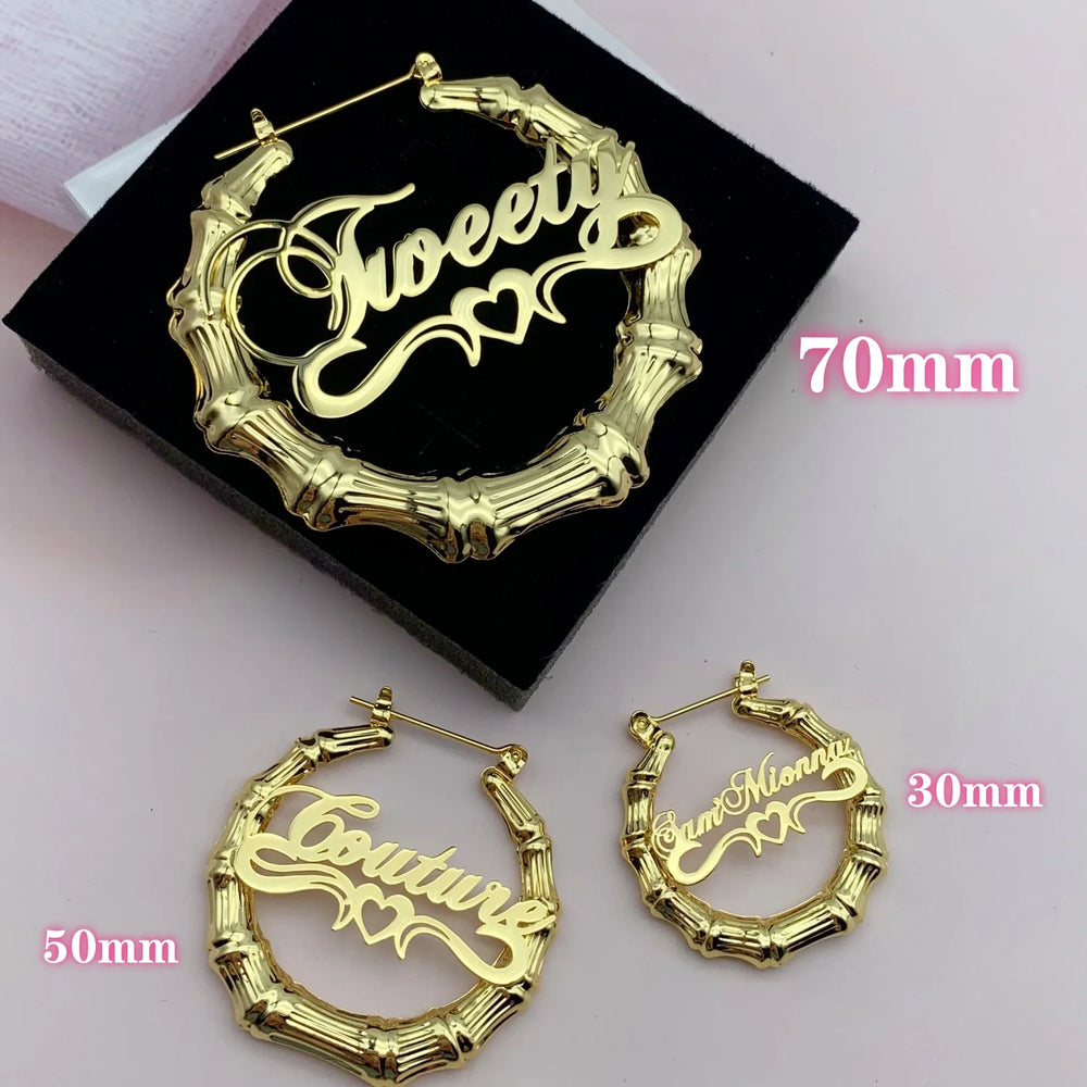 30 -100MM Customize Name Earrings Bamboo Personalized Earrings Custom Name/Logo/Statement Hoops with Heart Under Best Gift Gold