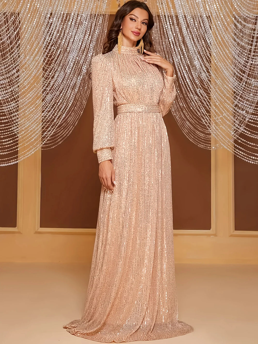 Elegant Retro Long-Sleeve Maxi Dress for Women - Perfect for Evening Events, Weddings & Parties
