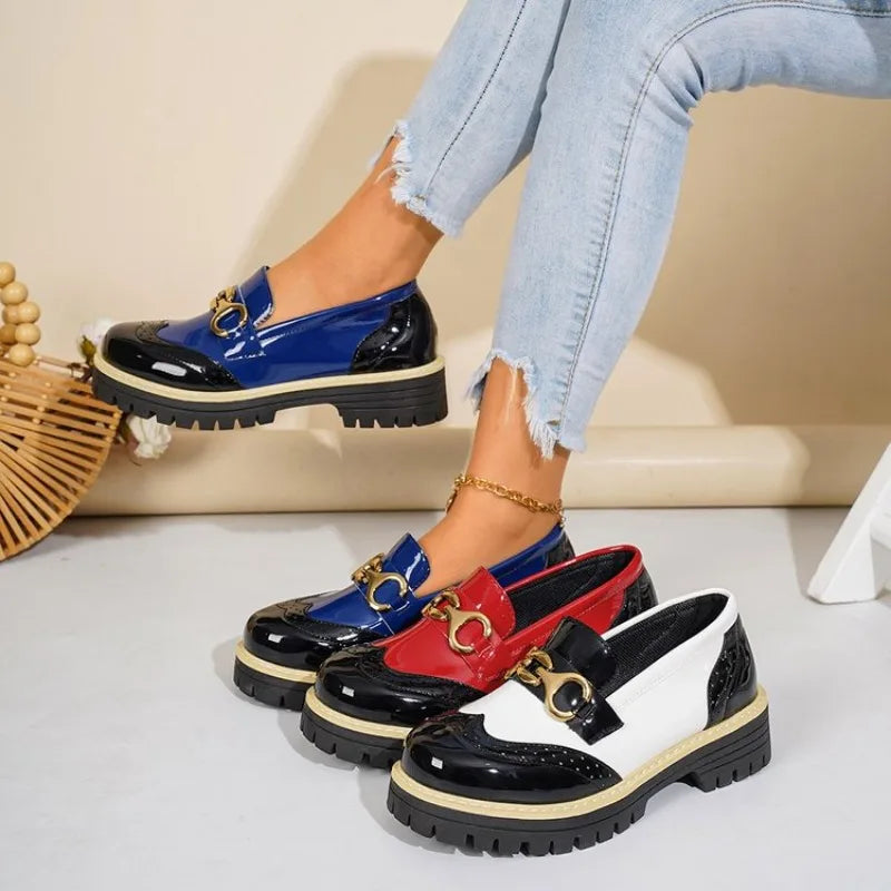 Women's Glossy Colourblock Loafers | Chunky Sole & Gold-Tone Detail | Braviixx