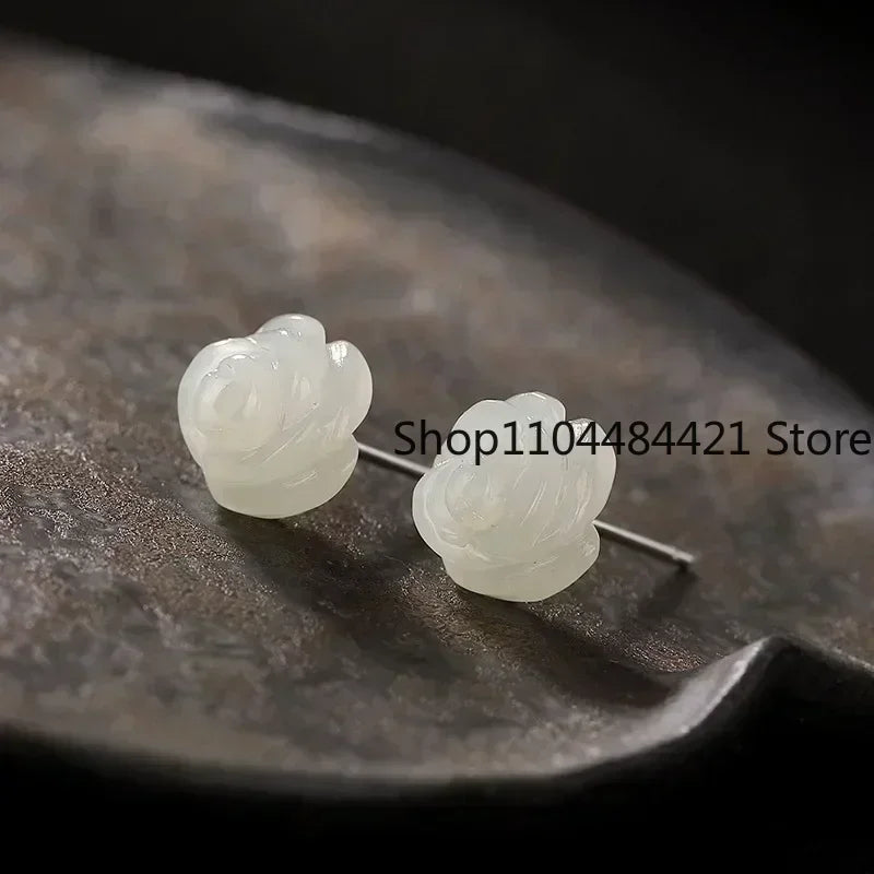 Natural Real Green Jade Rose Earrings 925 Sterling Silver Ear Studs Vintage Gemstone Jewelry TalismansEnergy Amulet Luxury Gift