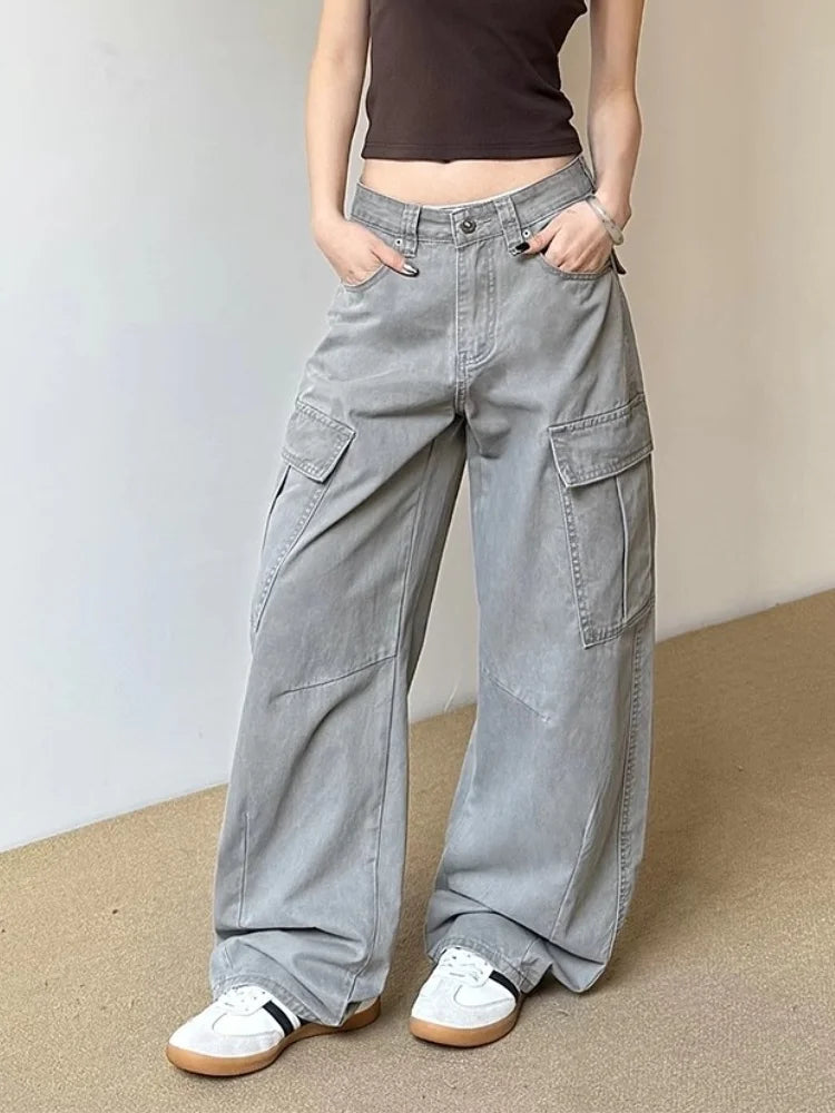 2026 Ropa Y2K Fashion Vintage Grey Baggy Cargo Jeans Pants For Women Clothing Wide Leg Kpop Casual Lady Trousers Pantalon Femme