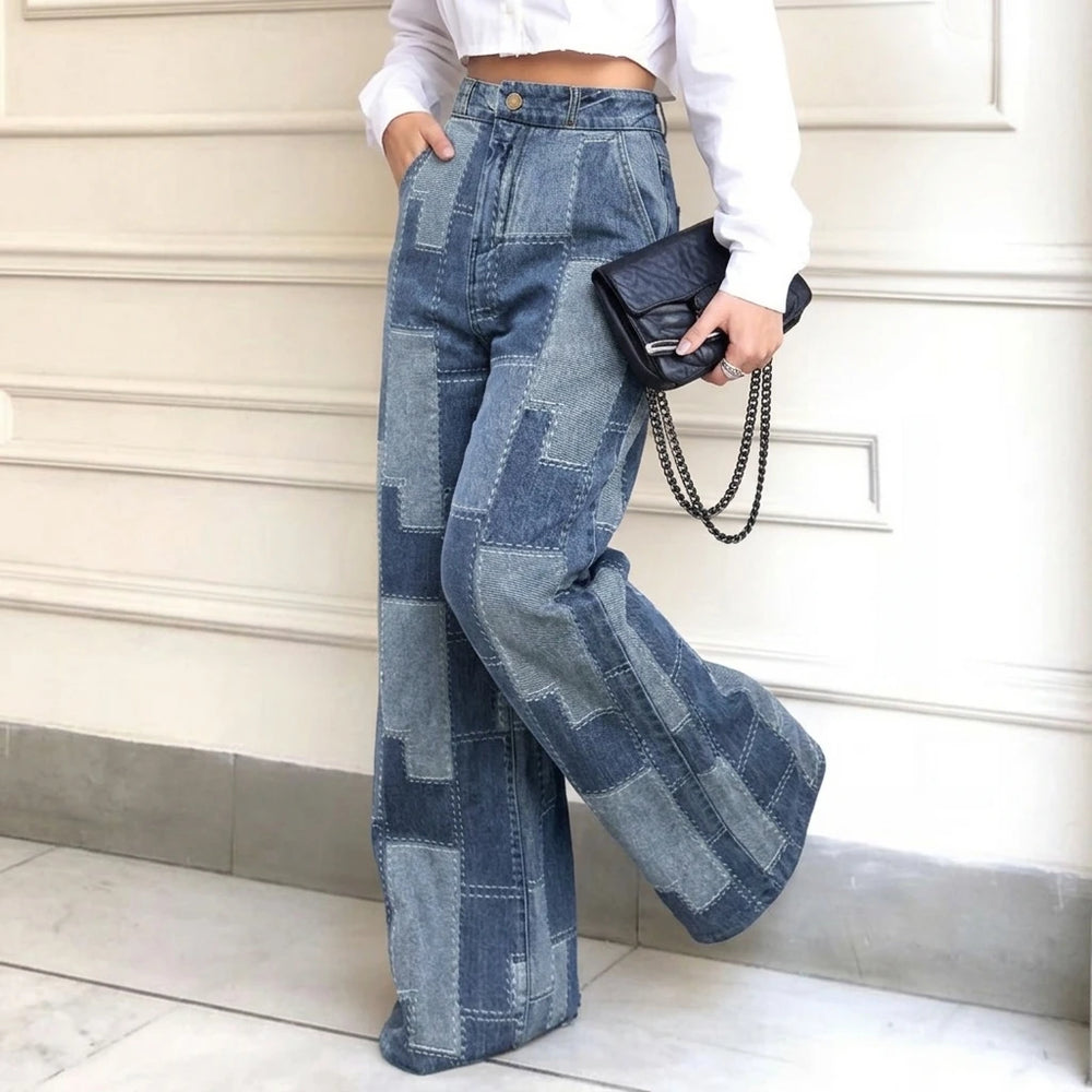 2026 Women Patchwork High Waist Wide Leg Jeans Two Tone Floor Length Y2K Casual Denim Pants Women's Pants & Trousers