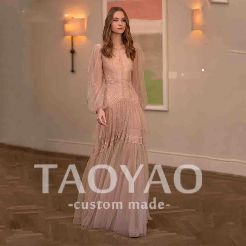 Elegant O-Neck A-Line Tulle Prom Gown | Full Sleeve Maxi Formal Evening Dress