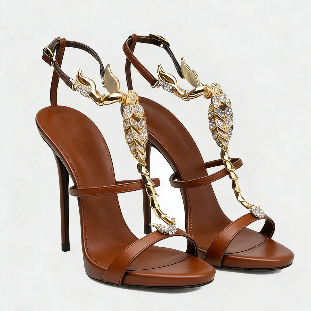 Rhinestone Scorpion Sandals | Buckle-Strap Stiletto Heels | Braviixx