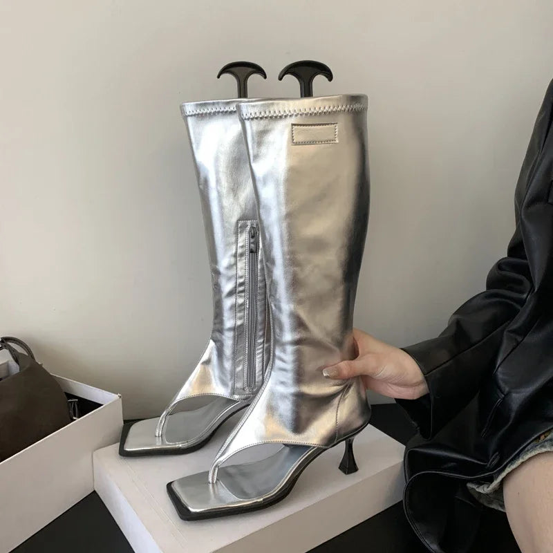Open-Toe Tall Boot Sandals | Side-Zip Kitten Heels | Braviixx