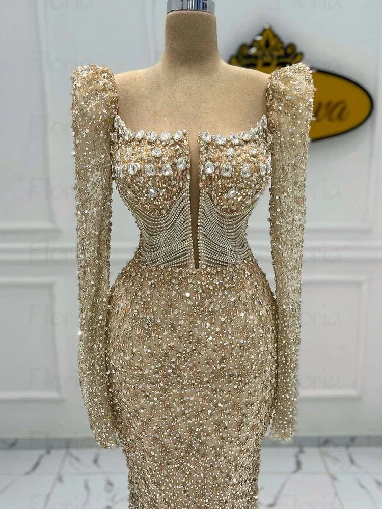 Champagne Embellished Mermaid Gown | Long Sleeves | Braviixx