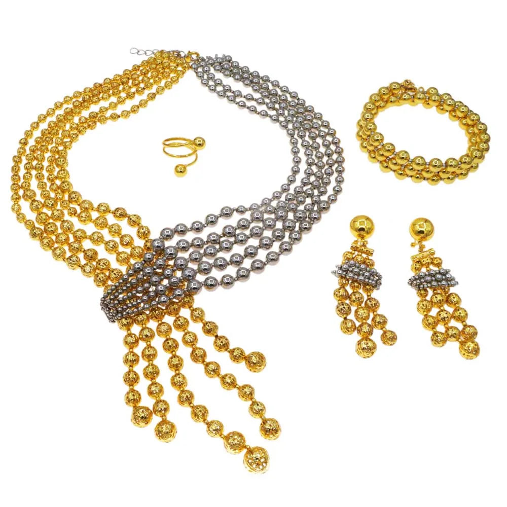 Women's Two-Tone Beaded Jewellery Set | Necklace, Bracelet, Earrings & Ring | Braviixx