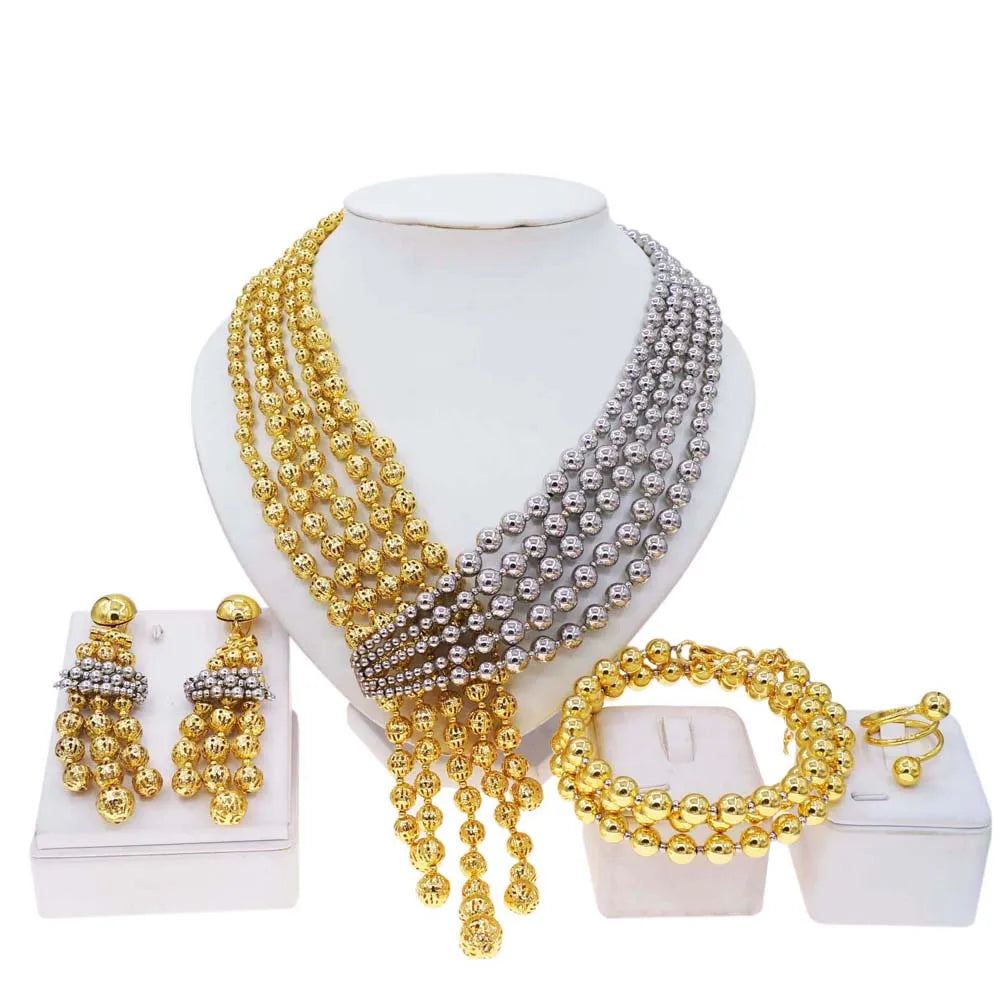 Women's Two-Tone Beaded Jewellery Set | Necklace, Bracelet, Earrings & Ring | Braviixx