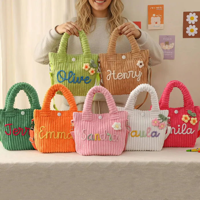 Personalized Corduroy Bucket Bag | Name Embroidery & Floral Detail | Braviixx