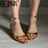 FEDONAS Sexy Women Genuine Leather Sandals Kitten High Heels Summer Party Wedding Shoes Woman Gold Black White Prom Pumps