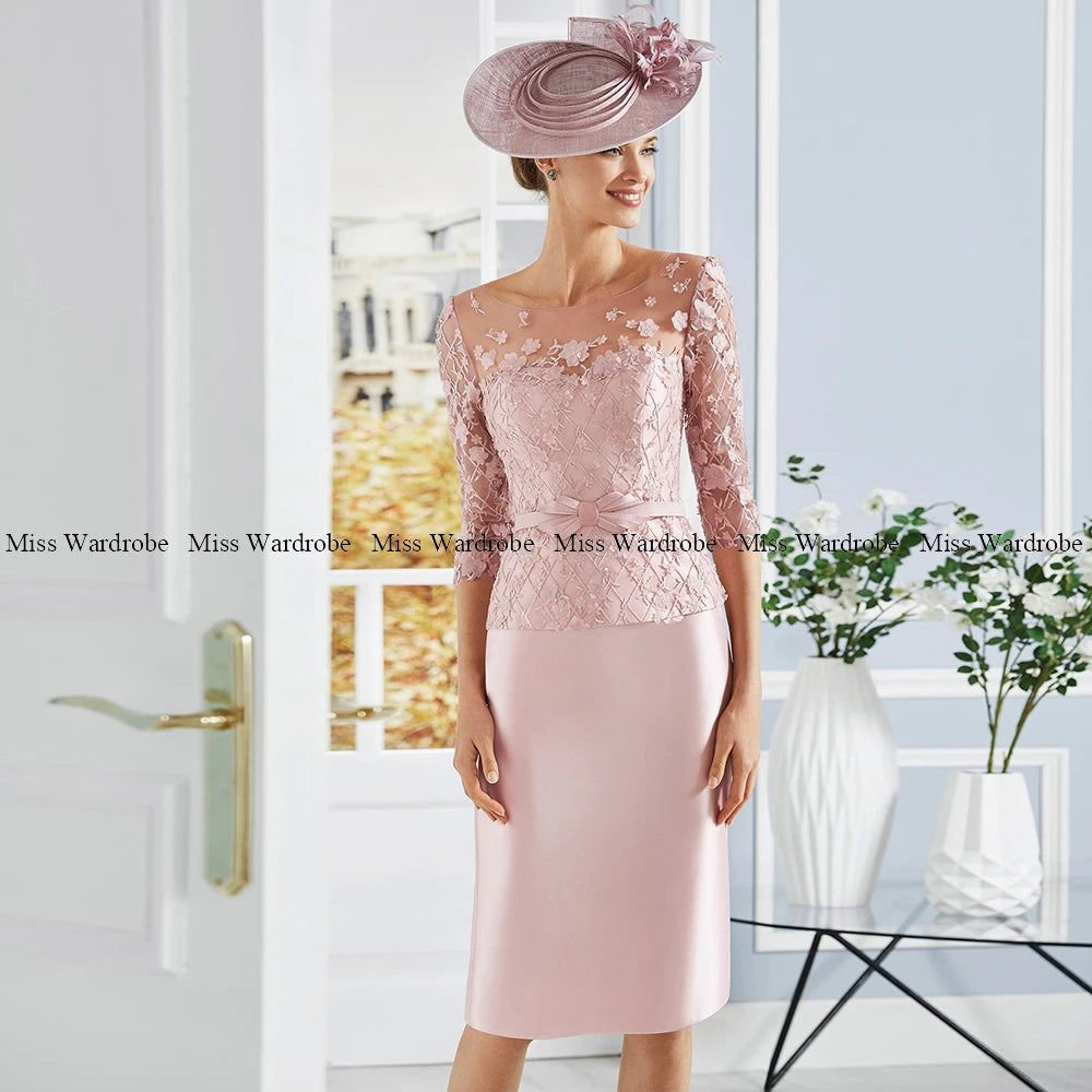 Elegant Wedding Guest Party Gown For Women 3/4 Sleeves Mother Of The Bride Dresses Lace Knee Length Formal Scoop Neck Flower