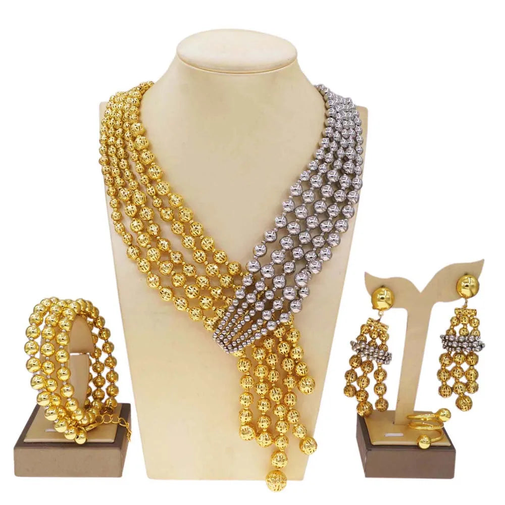 Women's Two-Tone Beaded Jewellery Set | Necklace, Bracelet, Earrings & Ring | Braviixx
