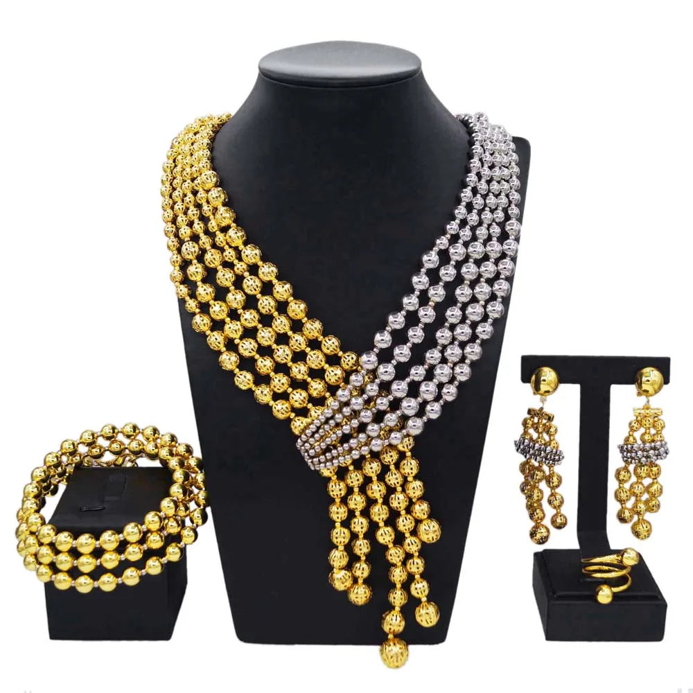 Women's Two-Tone Beaded Jewellery Set | Necklace, Bracelet, Earrings & Ring | Braviixx