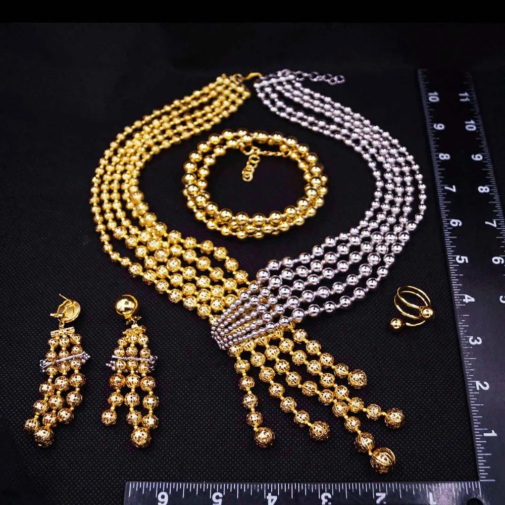 Women's Two-Tone Beaded Jewellery Set | Necklace, Bracelet, Earrings & Ring | Braviixx