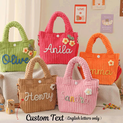 Personalized Corduroy Bucket Bag | Name Embroidery & Floral Detail | Braviixx