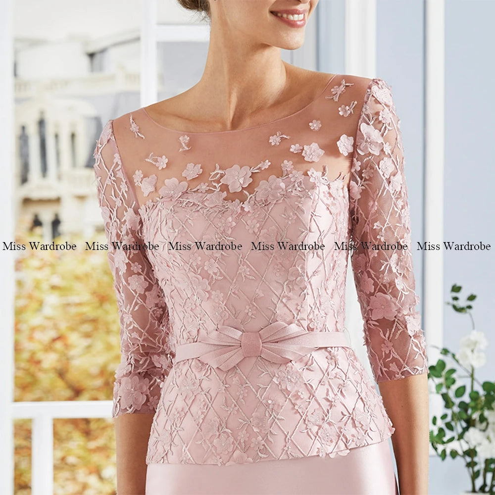 Elegant Wedding Guest Party Gown For Women 3/4 Sleeves Mother Of The Bride Dresses Lace Knee Length Formal Scoop Neck Flower