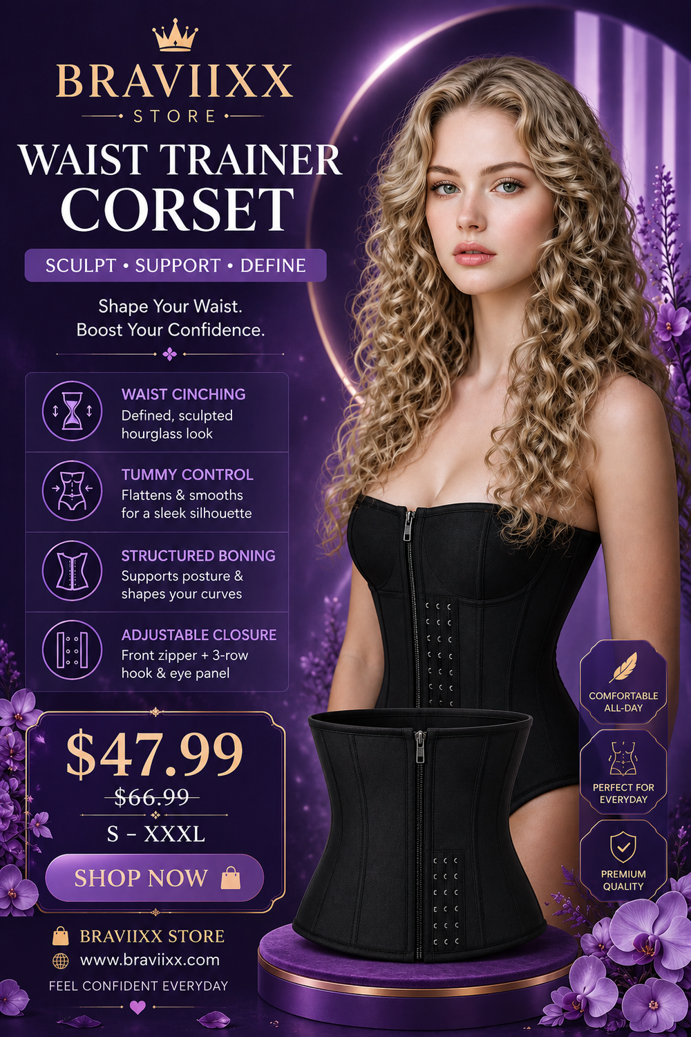 Waist Trainer Corset | Zipper + 3-Row Hook & Eye | Tummy Control · Waist Cincher · Body Shaper | Black | Braviixx