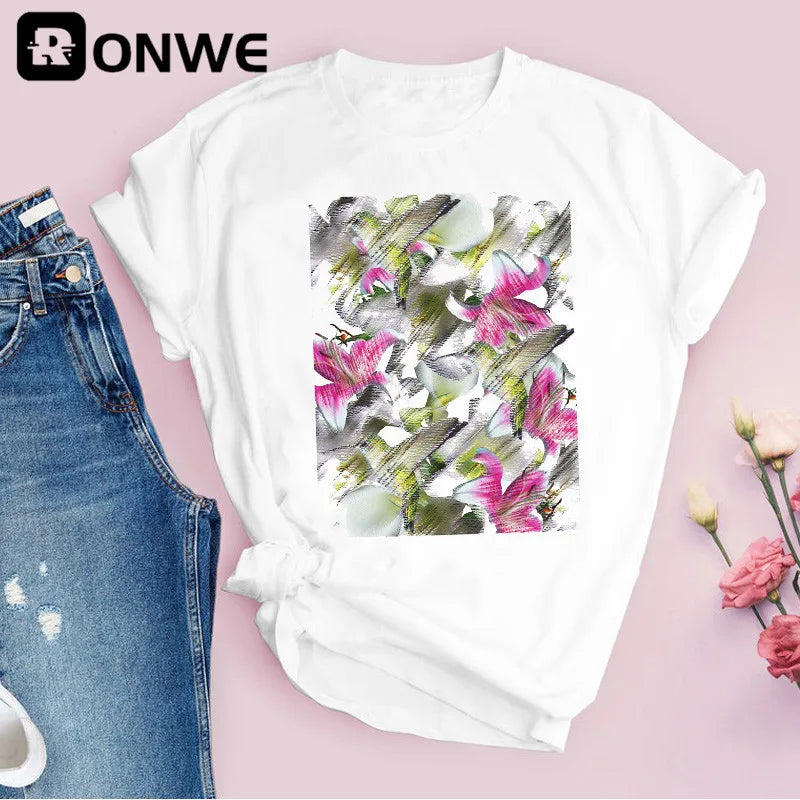 Women Graphic Flower Floral Print T-shirt Girl Funny 90S Print Tops Tee,Drop Shipping
