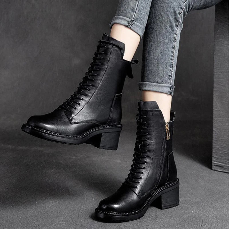 Lace-Up Boots | Side Zip & Block Heel | Braviixx