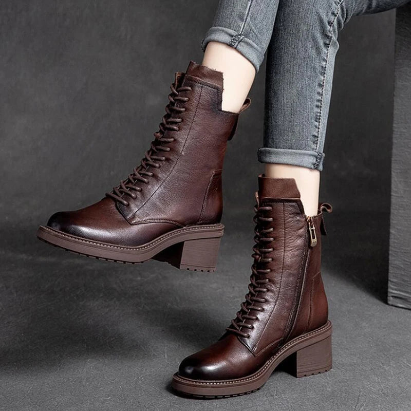 Lace-Up Boots | Side Zip & Block Heel | Braviixx