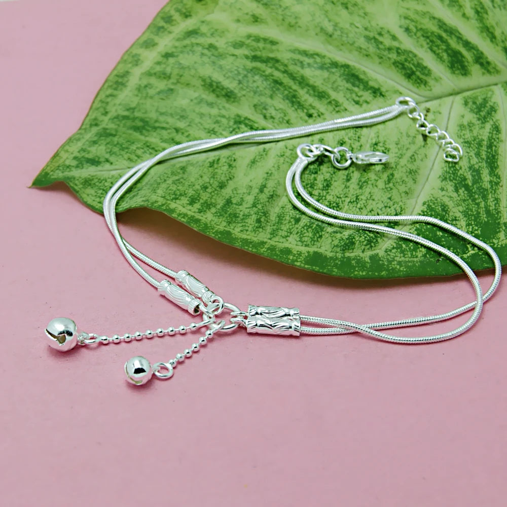 Fashion Cute Girl Bell Anklets Women Solid 925 Sterling Silver Snake Chain Anklets Contracted Double Chain 27cm Anklets Jewelry