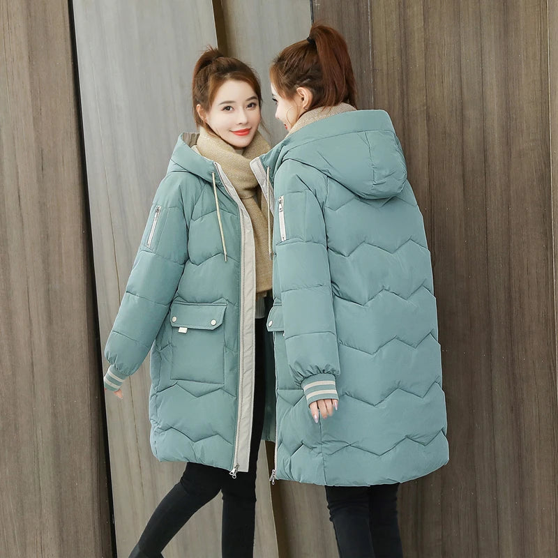 Women's Long Hooded Puffer Coat | Chevron Quilting & Striped Cuffs | Braviixx