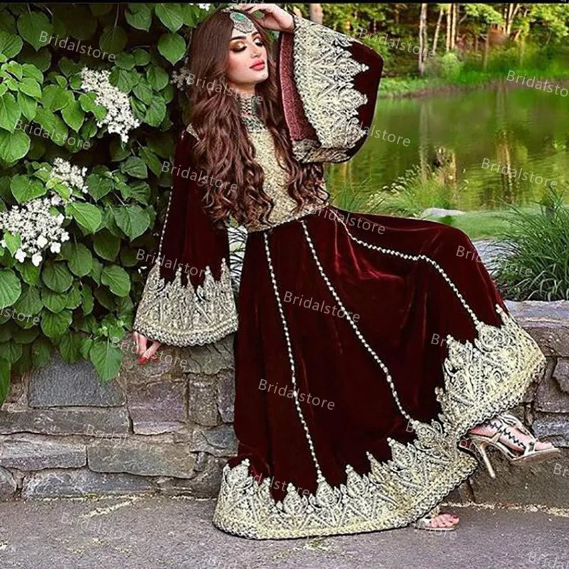 Burgundy Velour Kaftan Dress | Ornate Bell Sleeves | Braviixx