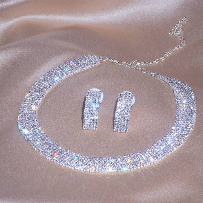 Women's Silver-Tone Crystal Jewellery Set | Statement Necklace & Curved Earrings | Braviixx