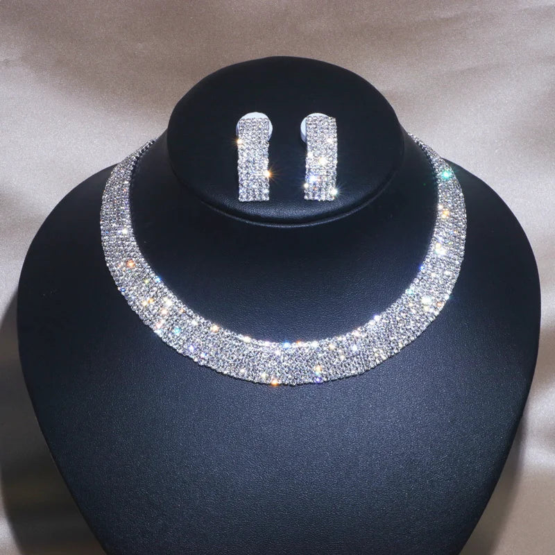 Women's Silver-Tone Crystal Jewellery Set | Statement Necklace & Curved Earrings | Braviixx