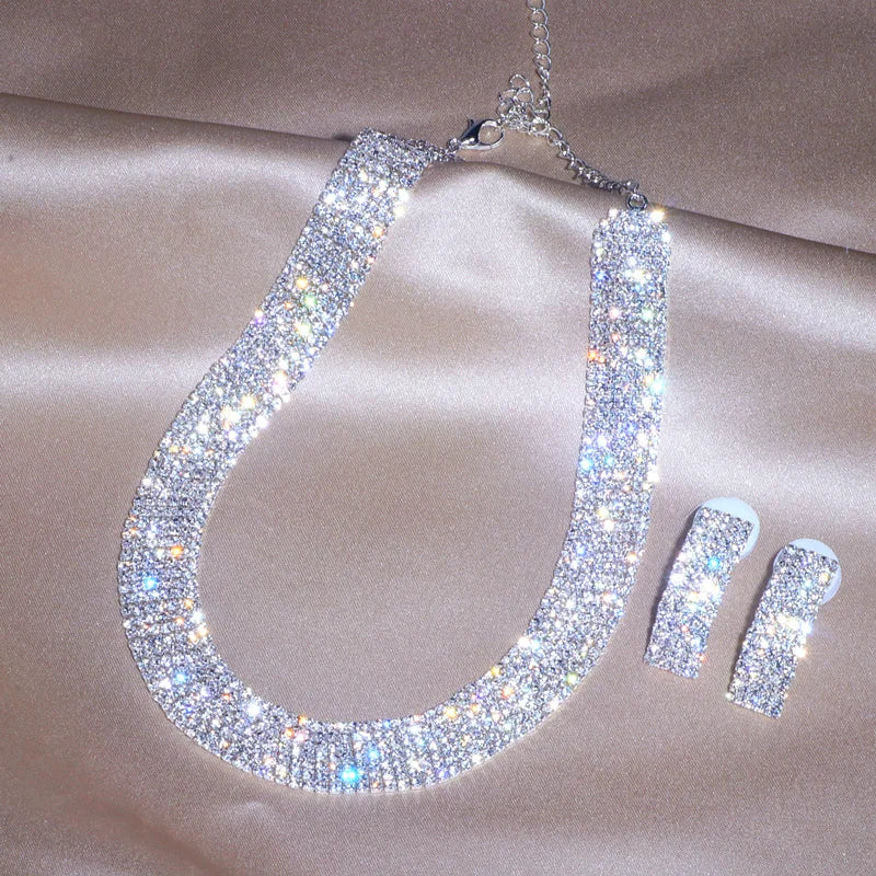 Women's Silver-Tone Crystal Jewellery Set | Statement Necklace & Curved Earrings | Braviixx