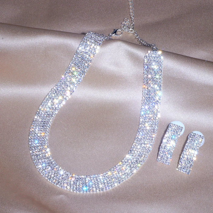 Women's Silver-Tone Crystal Jewellery Set | Statement Necklace & Curved Earrings | Braviixx