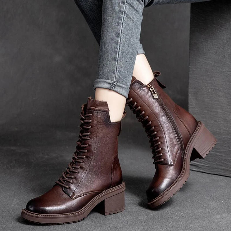 Lace-Up Boots | Side Zip & Block Heel | Braviixx