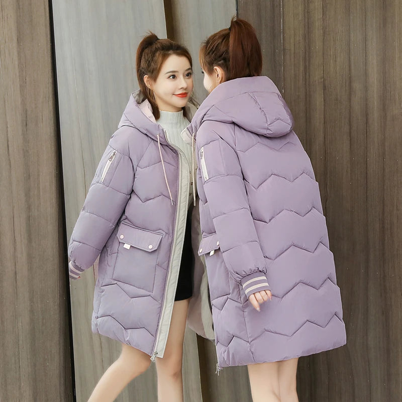 Women's Long Hooded Puffer Coat | Chevron Quilting & Striped Cuffs | Braviixx