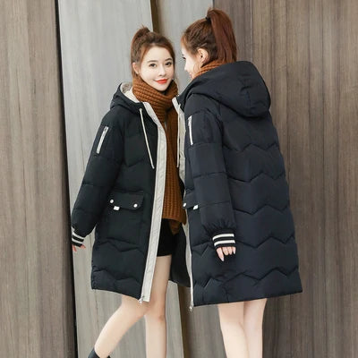 Women's Long Hooded Puffer Coat | Chevron Quilting & Striped Cuffs | Braviixx