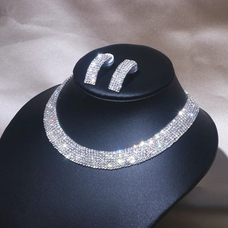 Women's Silver-Tone Crystal Jewellery Set | Statement Necklace & Curved Earrings | Braviixx