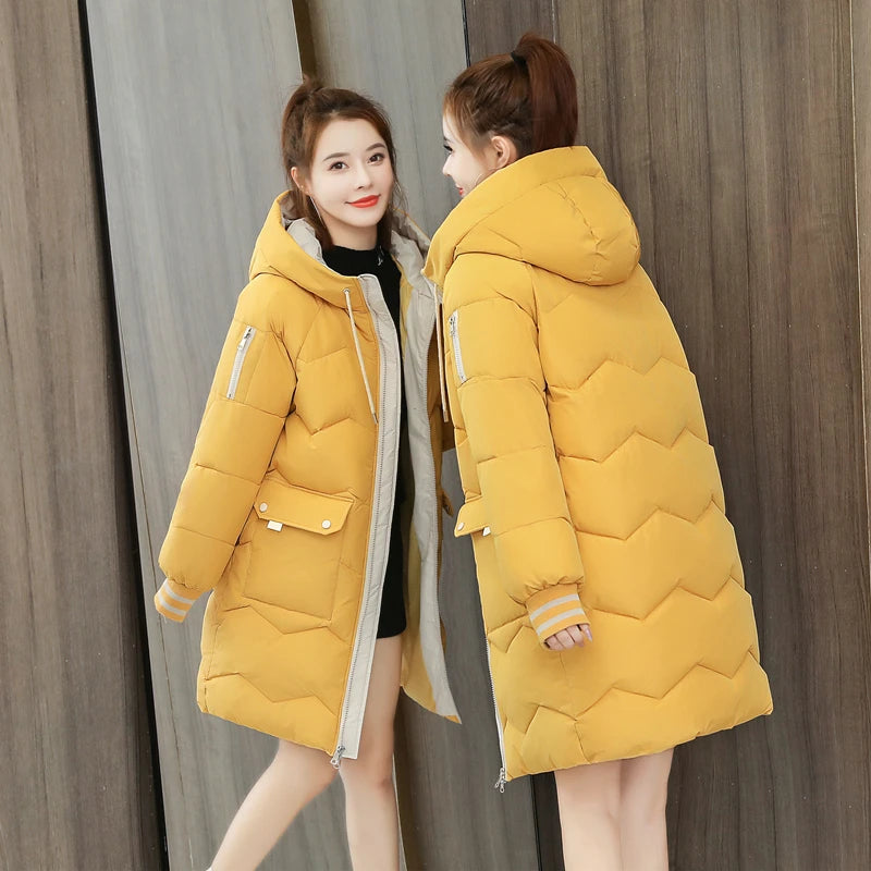 Women's Long Hooded Puffer Coat | Chevron Quilting & Striped Cuffs | Braviixx