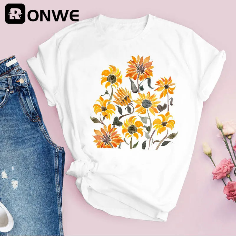 Women Graphic Flower Floral Print T-shirt Girl Funny 90S Print Tops Tee,Drop Shipping