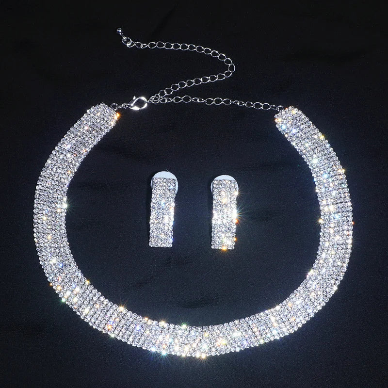 Women's Silver-Tone Crystal Jewellery Set | Statement Necklace & Curved Earrings | Braviixx